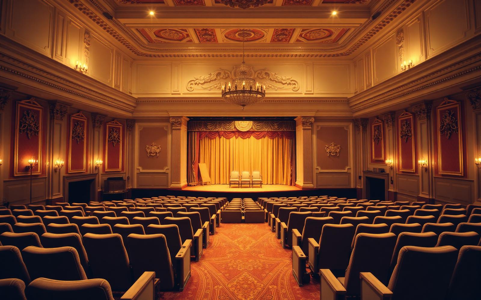 Interior de teatro histórico com plateia e palco iluminado